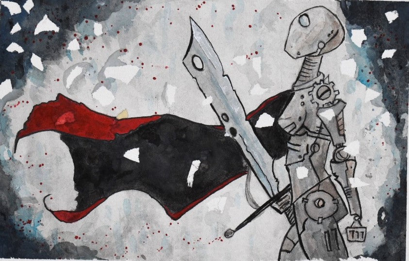 Robot knight with red cape and lance, watercolor painting
